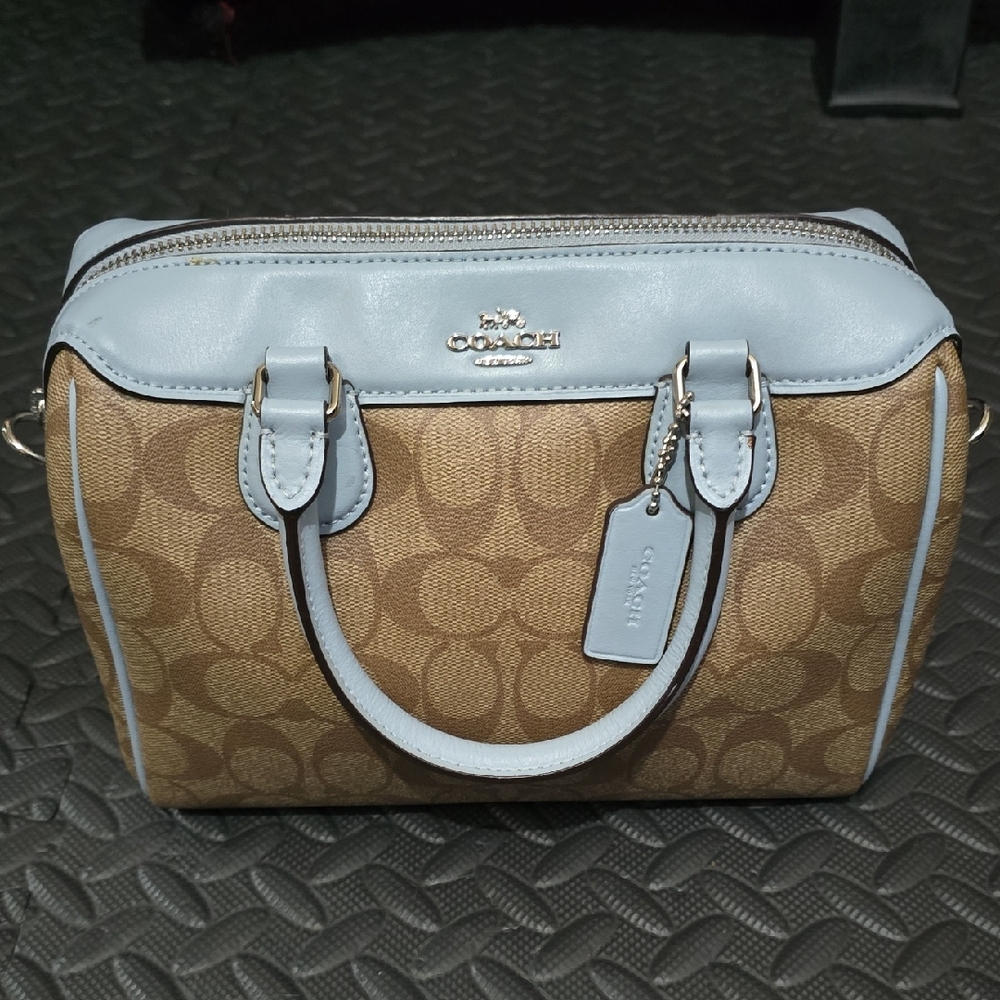 Coach Brown Signature Satchel with Light Blue Trim